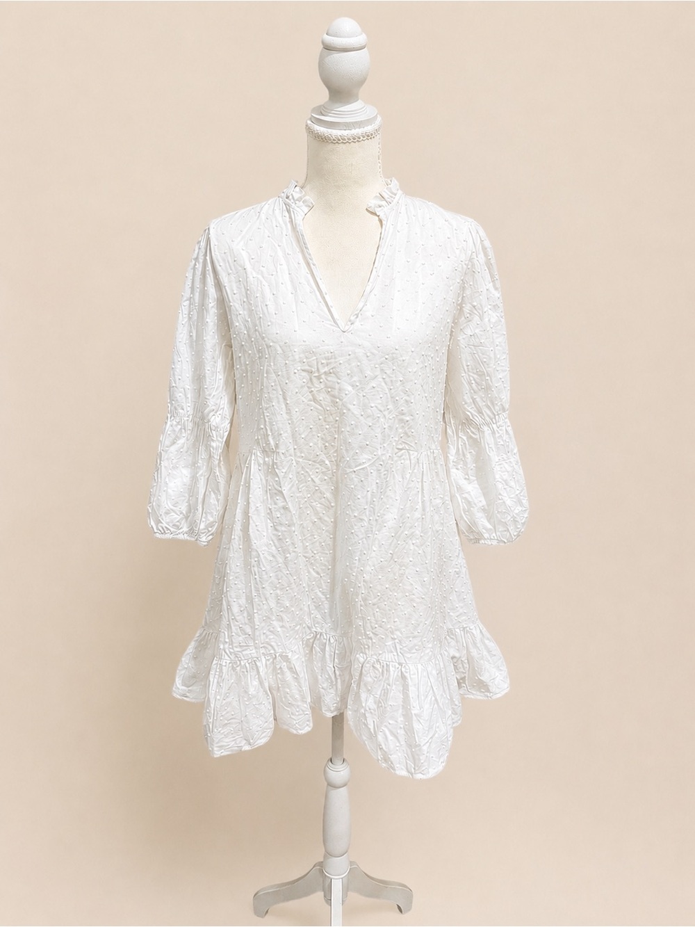 Zara White Swiss Dot Babydoll Mini Dress Small Puff Sleeve Boho Cottagecore